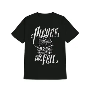 Men'S Soft Stretch Gothic Skull & Crossbones & Pierce the Veil Graphic T-Shirt - Loose Fit Crew Neck Casual Shirt, All-Season Comfort, Edgy Band Style for Casual Attire & Music Events, Durable Digital Print Design