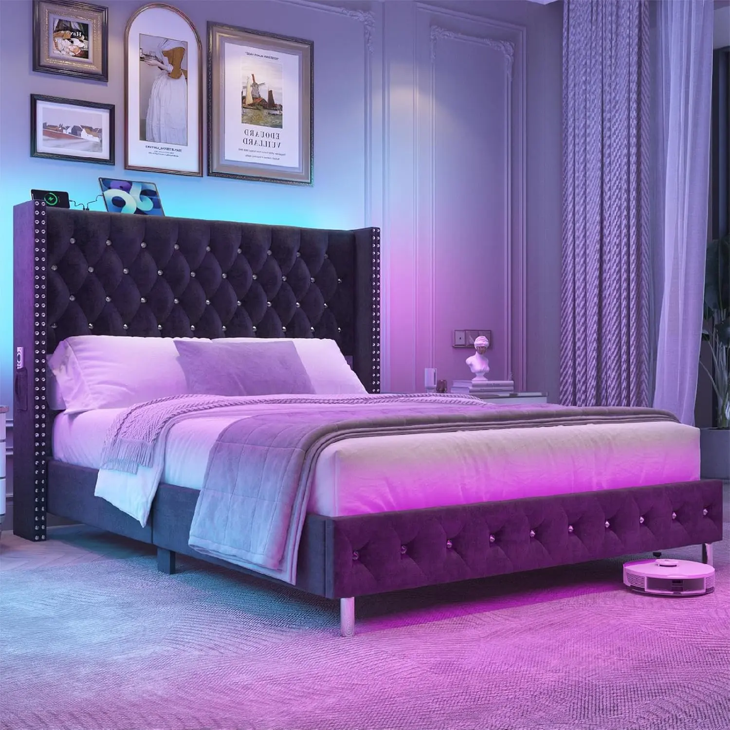 Queen LED Upholstered Bed Frame with Wingback Headboard, Velvet Diamond Button Tufted Bed Frame w/USB&Type-C Ports, Pocket and LED Lights, Wood Slats Support, No Box Spring Needed, Dark Grey/Cream