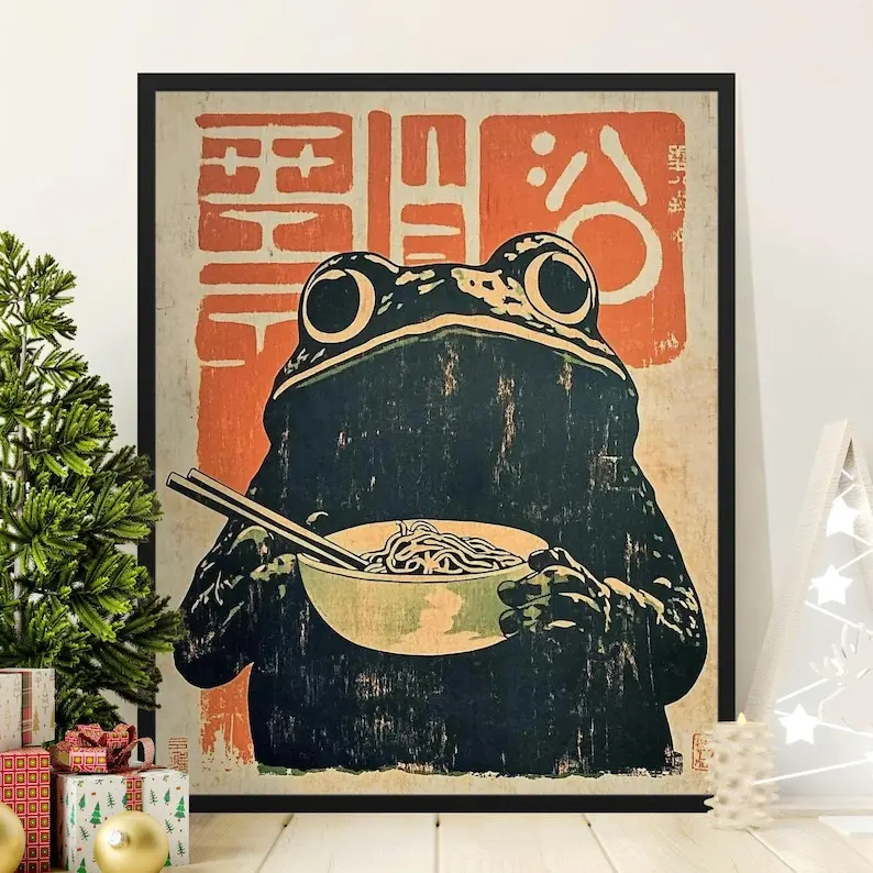 Artistic Retro Plastic Frog Eating Ramen Photo Print Poster - High Color Fastness, Long Lasting, Vivid, Multi-Size Eco-Friendly Wall Art Decoration for Quirky Room, Kitchen Home Supplies