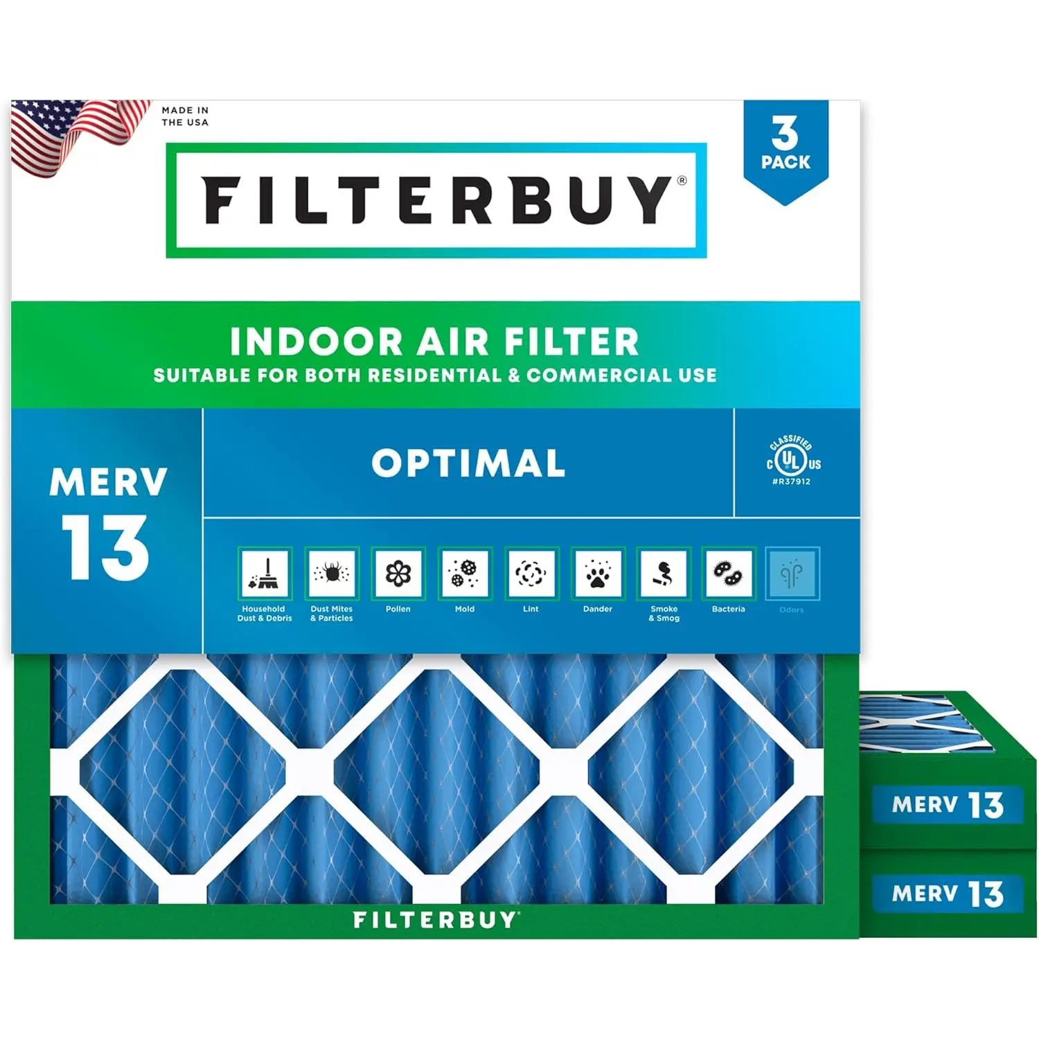 Filterbuy 23.5x23.5x2 In Replacement HVAC AC Furnace Air Filter (3-Pack) - Pleated MERV 13 Optimal Defense, Electrostatic Charge, Particle Capture, Synthetic Media (Actual Size:23.38x23.38x1.75 In, Residential/Commercial Use), Square