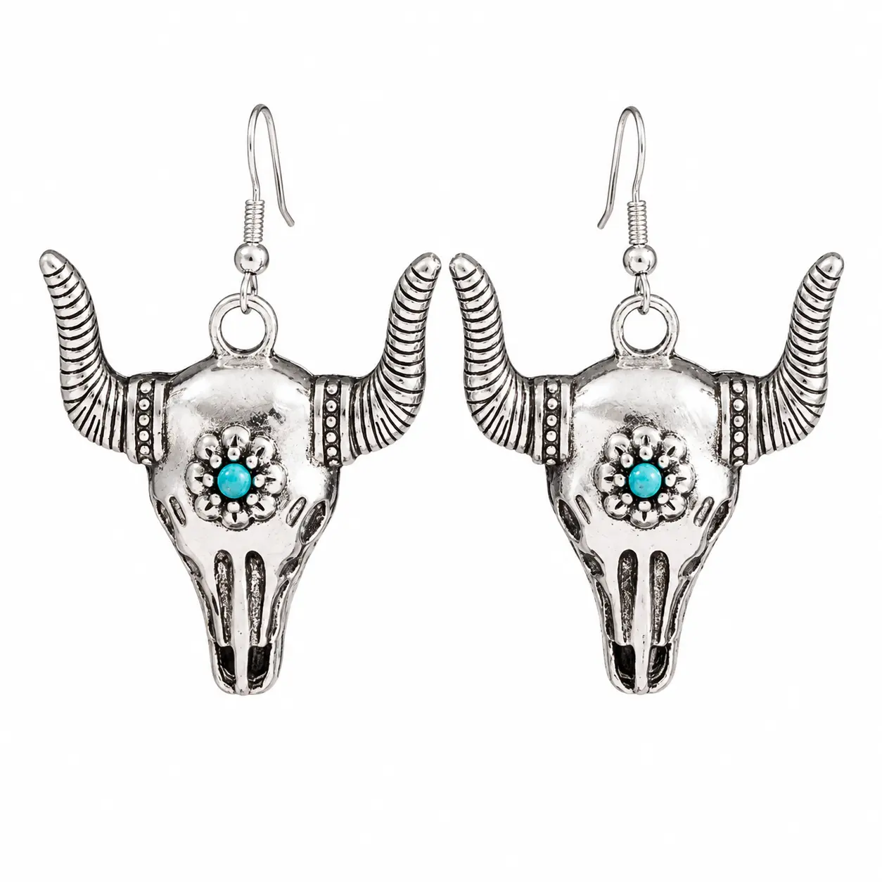 EH-A26-Vintage Longhorn Drop Earrings, Oxidized Metallic Finish with Blue Stone-Style Center, 40g Lightweight Statement for Western Lovers