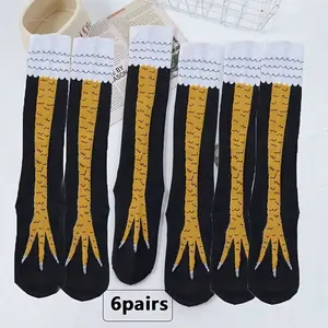 6 Pairs Of Fun Chicken Claw Calf Socks With A Street Style Novelty - Moisture Wicking Knit, Black With Brown And White Stripes, Fun Cartoon Design, Suitable For Fitness And Casual Wear Knee Socks Womenswear Knitted