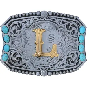 Vintage Turquoise Belt Buckle Men Western Cowboy Cowgirl Rodeo Initial Letters ABCDEFG to Z Belt Buckles for Women
