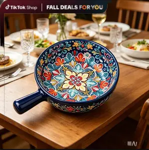 Bohemian style ceramic noodle bowl, colorful flower patterned salad bowl with handle, dessert bowl, microwave and dishwasher safe, scratch resistant, household kitchen utensils ceramic