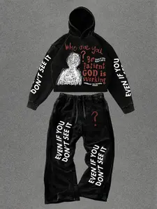 Men's 2-Piece Cotton Blend Casual Outfit Set, Cropped Oversized Hoodie & Baggy Pants, Streetwear, Relaxed Fit, Vintage Washed