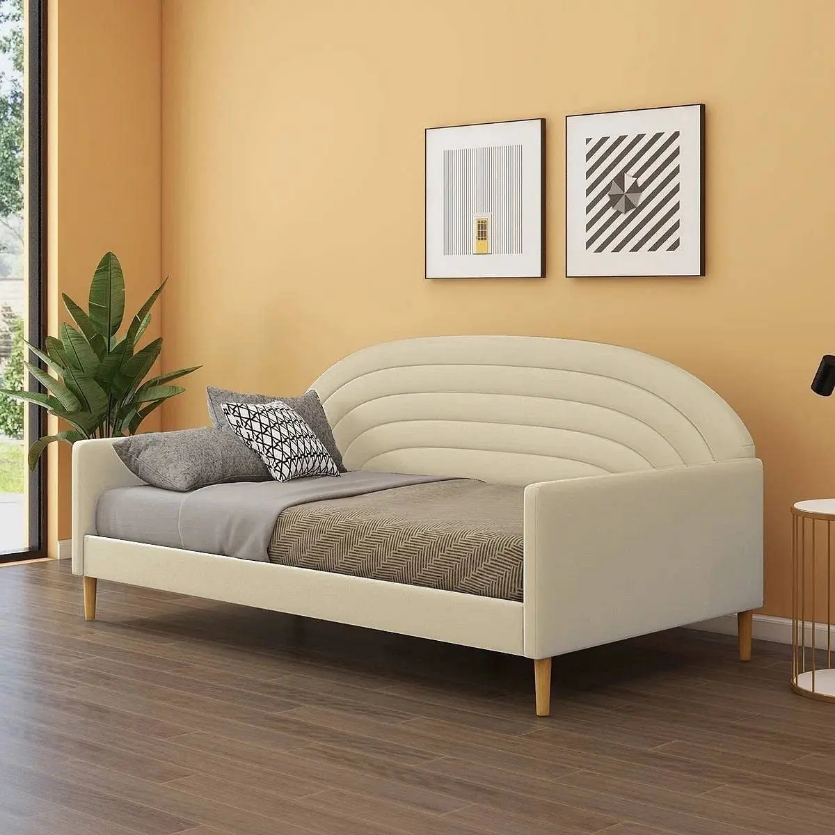 Twin Mid-Century Modern Classic Velvet Upholstered Wood Daybed - Sturdy Indoor Office/Reading Room Sofa with Full Backrest, Slats, 115 lbs Capacity, Assembly Required, 36.6in H x 43.3in W x 80.3in L, 36.6'' H X 43.3'' W X 80.3'' L