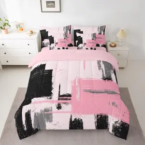 Abstract 7 Piece Multiple Sizes Bed Set Includes Comforter,Sheet Set,Modern Abstract Art  Bedding Set,Pink Black Pattern Bedding Sets