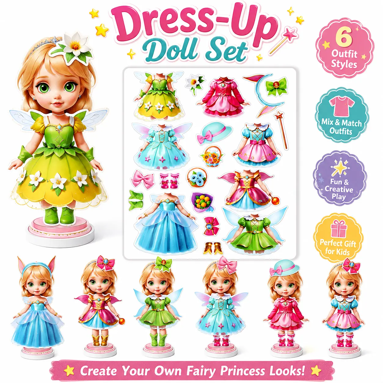 3-Piece Magic Hanfu Series Mermaid Vinyl Fairies Magnetic Paper Dolls Set - Sturdy Base Stand, No Battery Needed, Mess-Free Girls Dress Up Pretend Play, DIY Art Craft, Quiet Travel Toy, 3+ Years Kids Gift, Stocking Stuffer, Kids Ages 3-8
