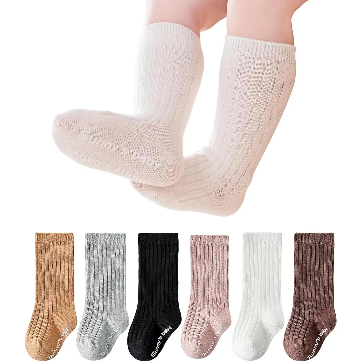 Toddler Cotton Kneesocks for 0-12 Months Girls & Boys, Seamless Graphic Pink Non-Slip Safety Grip Long Socks, Pink Socks, Soft Cotton, Anti-Slip Grip