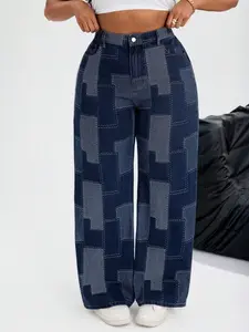 Women's Plus Size Colorblock Washed Denim High Waist Rise Long Pants, Comfortable and Stylish, Perfect for Casual Wear, Durable and Trendy Design