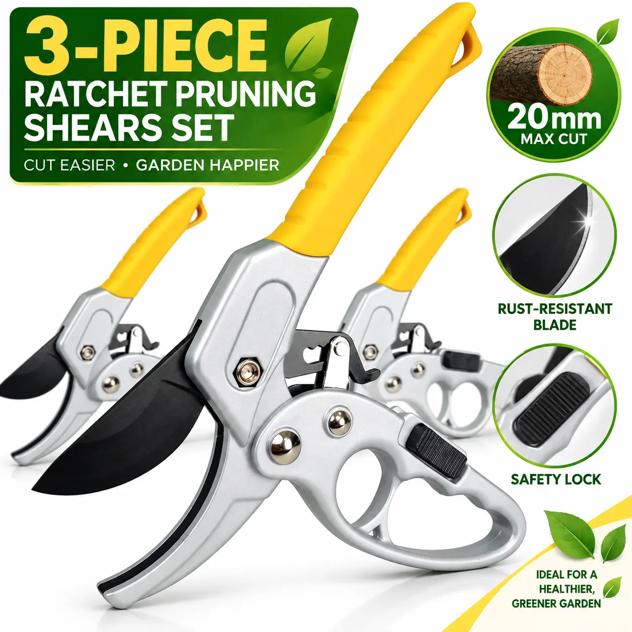 3-Piece Pruning Shears Set, Stainless Steel Garden Scissors with Ergonomic Non-Slip Handles & Safety Lock, Sharp Hand Pruners for Flowers, Plants, Shrubs, Small Branches, Indoor & Outdoor Gardening