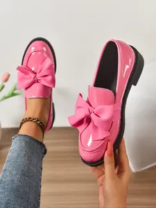 Women's Patent Leather Loafers, Shiny Bow Design & Fringe Detailing, Casual Flat Shoes for Daily Wear, Comfortable Footwear, Bowknot Design Loafers