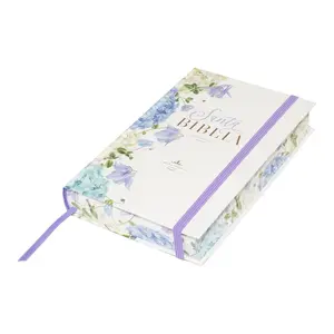 Large Print Bible 12 point for Women RV1960 hardcover violet floral with elastic. This Bible is in Spanish.