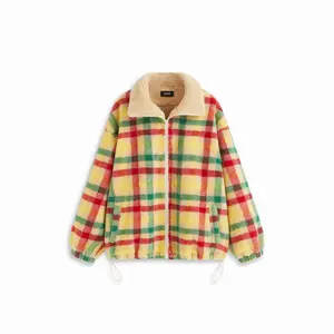 Cider Fleece Plaid Stand Collar Zip Through Drawstring Oversized Jacket