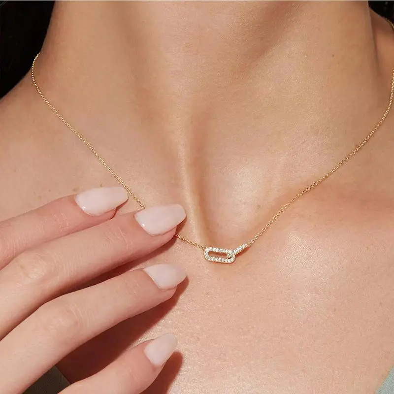 New 925 Sterling Silver Shiny Rectangle Double Zircon Circle CZ Zirconia Necklaces Pendants Gift For Girl Choker NK232