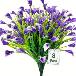 8 Bundles of Artificial Calla Lilies for Outdoor Use, Uv-Resistant And Colorfast Fake Plants, Artificial Flower, Plastic Flowers, Garden Decorative Flower, for Indoor/Outdoor Pots, Home Porches & Cemetery Decorations, Ornaments