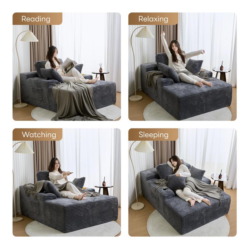 49" Oversized Chaise Lounge Sofa Bed with 2 Cup Holders & Storage Pocket - Plush Corduroy Upholstered, No Assembly Cloud Couch for Living Room, Bedroom, or Reading Nook