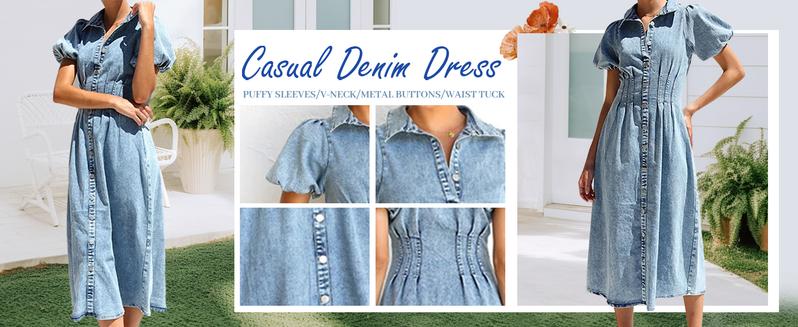【New Arrival】Ebossy Women Long Denim Dress Puff Sleeve Button Down Casual Slim Fit Midi Jean Shirt Dress 【New Arrival】Ebossy Women Long Denim Dress Puff Sleeve Button Down Casual Slim Fit Midi Jean Shirt Dress