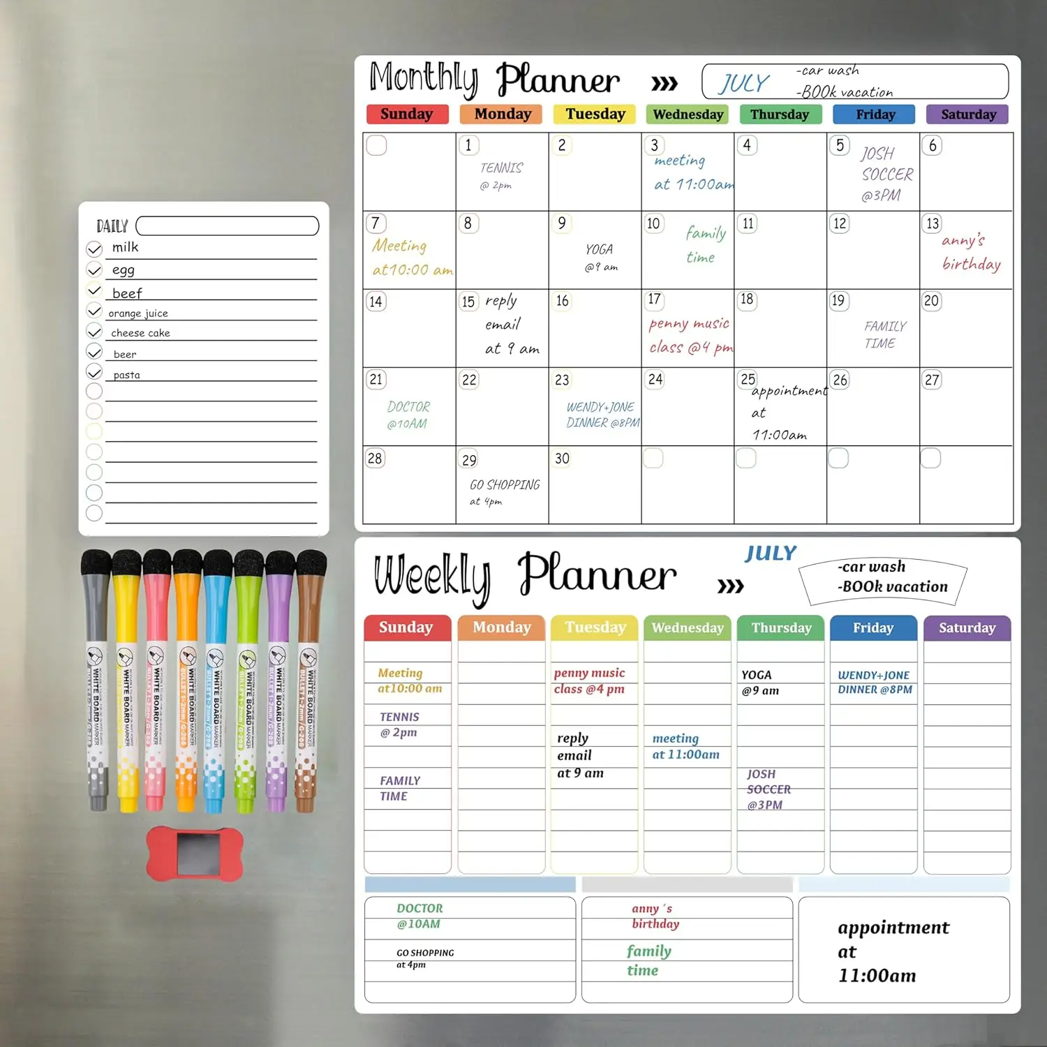 Magnetic Dry Erase Calendar Whiteboard, 1 Set Including Monthly, Weekly, and Daily Planning Calendar & 8 Markers & Eraser, Magnetic Erasable Chalkboar