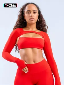 Women's Solid Color Crop Sports Top & Long Sleeve Crop Top, Casual Sporty for Yoga Gym Workout Running, Ladies Sportswear for Summer, Fitness Clothes Tops