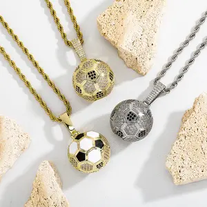 World Cup Soccer Pendant Necklace 14K Gold Plated Micro Zircon Hip Hop Sport Fan Jewelry