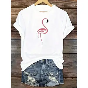 1pc White Flamingo Print T-Shirt| Pink Flamingo And Black Spots, Short Sleeve, Round Neck, Relaxed Fit, Breathable Soft Fabric, Casual Beach Party Outfit, All-Season Versatile Casual Attire, Machine Washable, Elegant Tropical Style, Lightweight