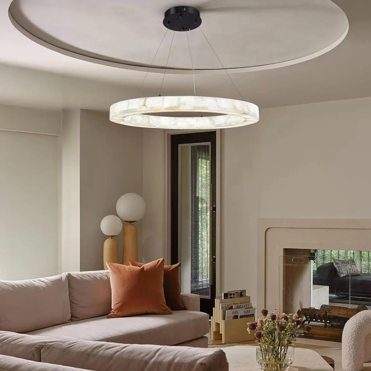 30 in. Dimmable LED White Round Kitchen Island Alabaster Chandelier, for Living Room, Bedroom, Height Adjustable