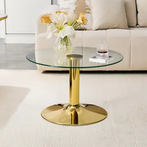 Round Tempered Glass Coffee Table 27.5", Modern Gold Metal Base Light Luxury Side Table for Living Room & Apartment, Small Space Decor, Transparent
