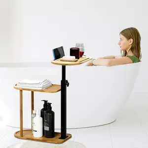 3 Layer Natural Bamboo Height Adjustable Swivel Bathtub Tray Table, Freestanding Bathtub Side Tray for Tub Against Wall, Bathroom Organizer Bathtub Accessories for Luxury Home Spa
