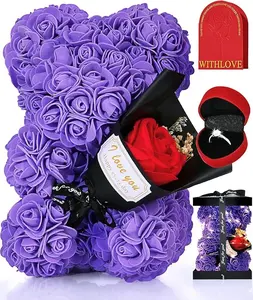 Rose Teddy Bear Valentines Day Gifts for Her - LED Light Box with Analog Diamond Ring, Mother's Day Artificial Flowers Bouquet for Her