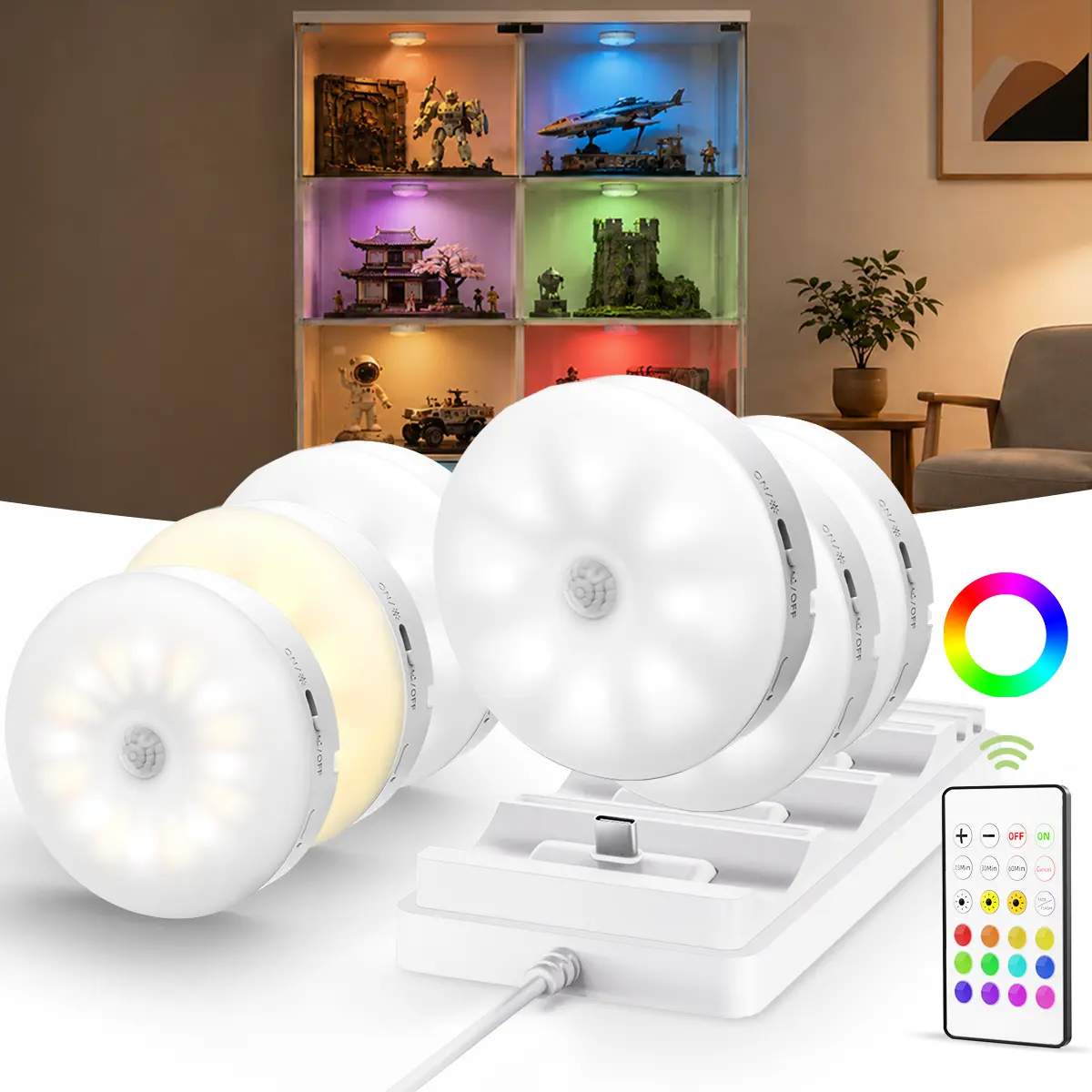 EZVALO Under Cabinet Lighting with Charging Station, 1000mAh Rechargeable Puck Lights with Remote, 3 Color Temps & RGB Closet Lights, Dimmable Motion Sensor Closet Lights for Shelf, Kitchen Easy Installation Renter-Friendly