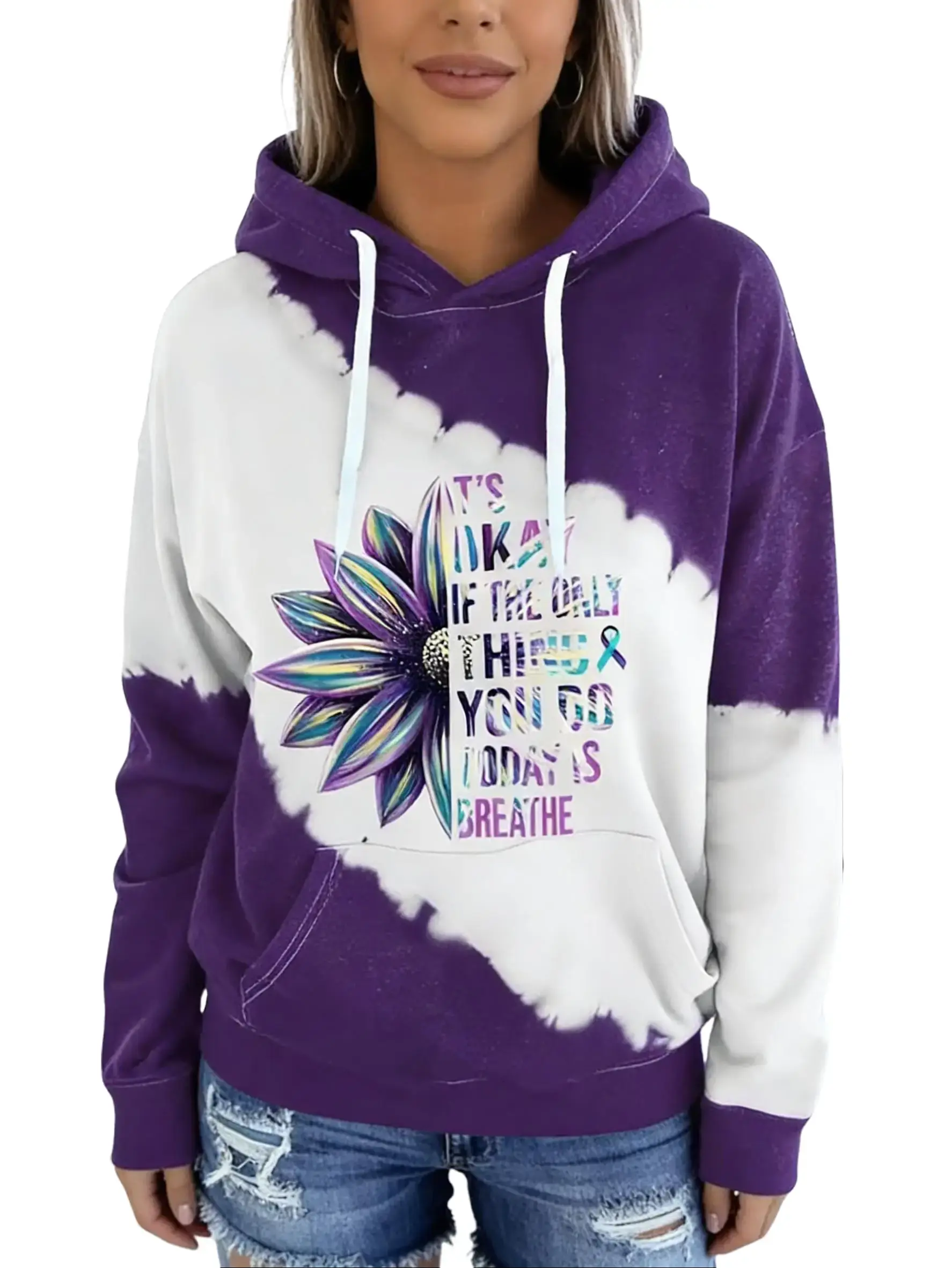 Women's Purple White Tie-Dye Hooded Sweatshirt Featuring Vibrant Multicolor Sunflower Art & 'It's Okay If The Only Thing You Do Today Is Breathe' Motivational Text – Long Sleeve Drawstring Hoodie with Front Pocket