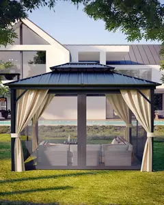 10x14 Ft Hardtop Gazebos with Heavy Duty Double Roof, Nettings and Curtains Galvanized Steel Outdoor Gazebos for Patio, Backyard, Deck, Lawn