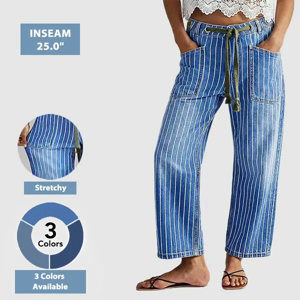 Flamingals Pinstripe Drawstring Patched Pocket High Waist Straight Leg Jeans Womenswear Stretchy 25.0" Inseam Flamingals Pinstripe Drawstring Patched Pocket High Waist Straight Leg Jeans Womenswear Stretchy 25.0" Inseam