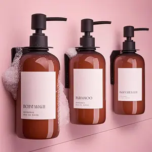 "Modern Bathroom Dispenser Set - 3-Pack Wall Mount Shower Bottles - Easy Refill 21oz Soap Containers with Labels - Drill-Free Installation for Instant Decor Upgrade - Stylish and Functional Design" Decorative Metal Pump Rubber