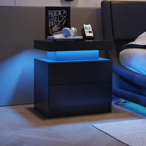 Nightstand LED Bedside Table Cabinet Lights Modern End Side with 2 Drawers for Bedroom (Black)