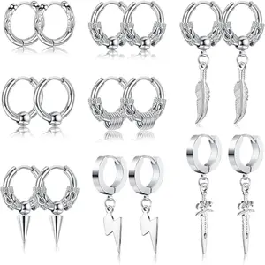 FINREZIO 8Pairs Surgical Stainless Steel Hypoallergenic Punk Hip Hop Cool Goth Earrings Black Silver Huggie Hoop Earrings for Men Women Vintage Feather Drop Dangle Earrings Set Earcuff men's earrings earring stack non tarnish jewelry goth accessories
