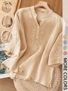 Women's Pure Color Embroidered Casual Loose V-Neck Button Blouse Shirt Top, Stylish Artistic Design, Comfortable and Versatile Wear