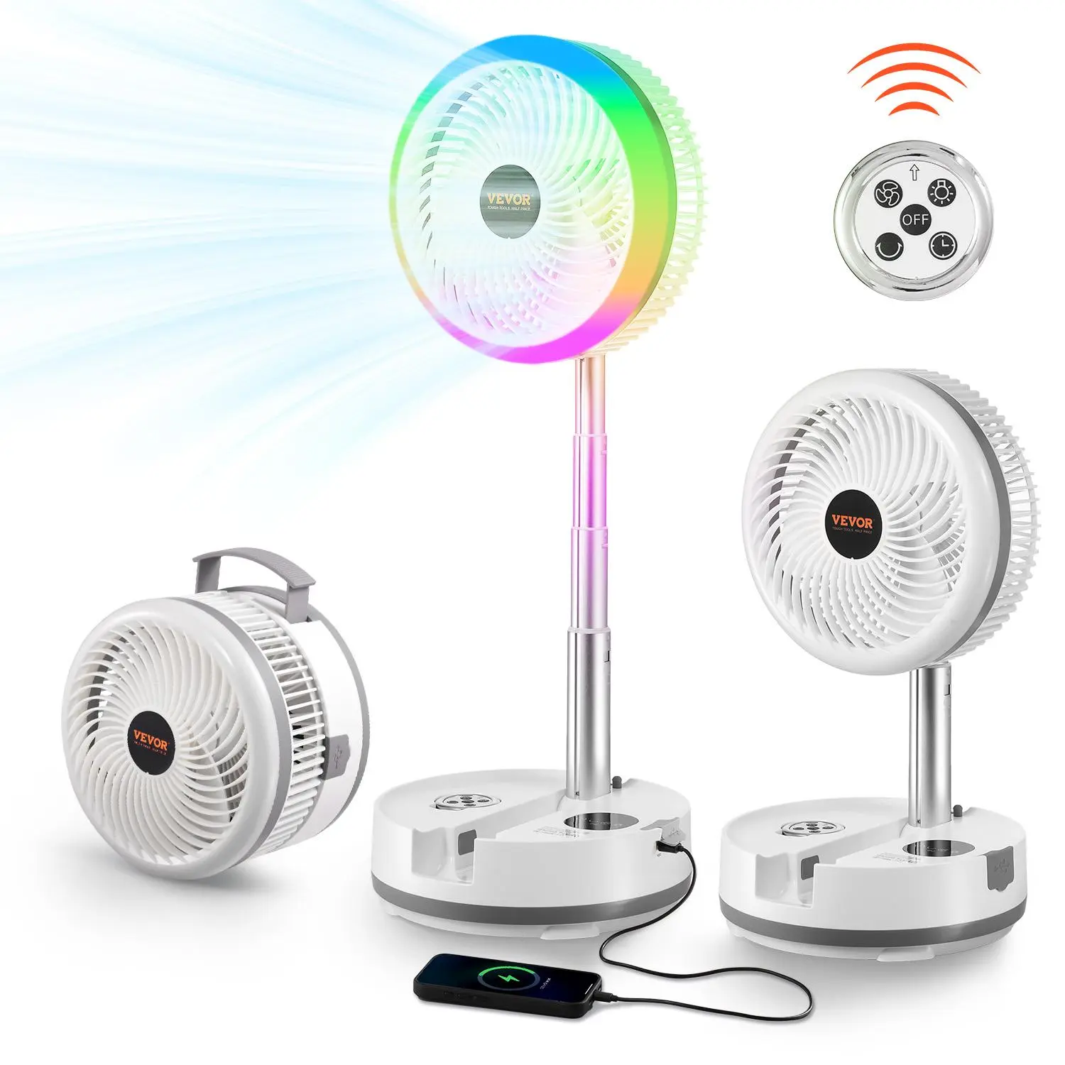 VEVOR 10-in Portable Foldable Rechargeable Oscillating Pedestal Fan, 3-in-1 Battery Operated with Remote Control, Quiet 9-Speed, 90-Degree Auto Rotation, for Home | Battery, Chargable, Multi-Setting, Variable-Speed Pedestal Fans, Batter#BacktoSchool