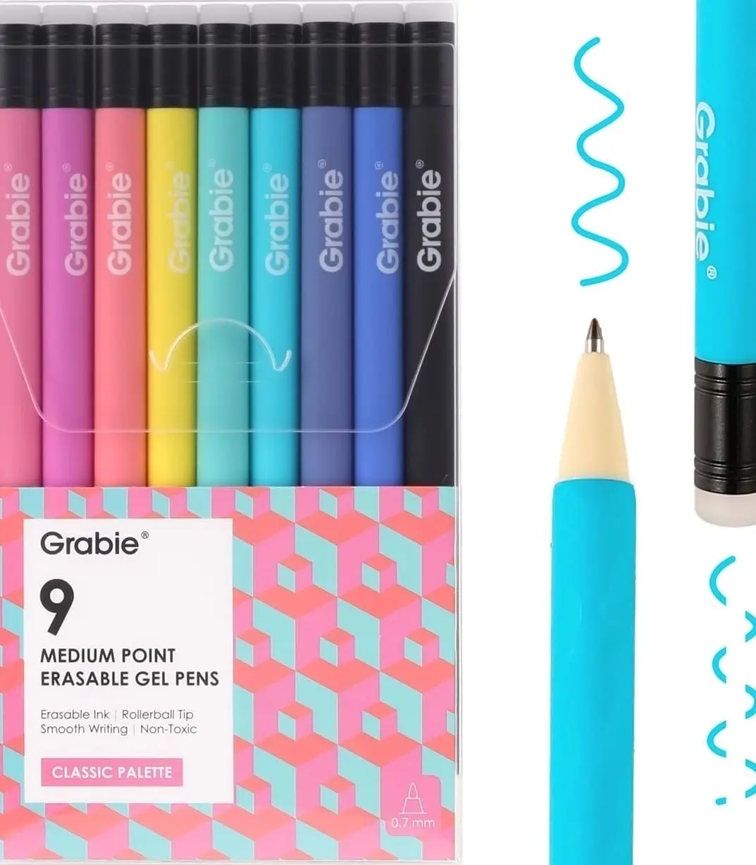 Grabie Erasable Gel Pens, 9 Medium Point 0.7 mm Pens, Classic | Thermo-Sensitive Gel Ink, Clean Erasing, Smooth Writing, Vibrant Assorted Colors, Retractable Design, Drawing, Journaling