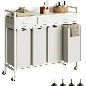 Laundry Sorter 4 Section Laundry Hamper with Shelf, Durable 4 Section Laundry Basket with Rolling Wheels & Storage Drawers, 4 x 13.26 Gallons (50L), White PF10XLW