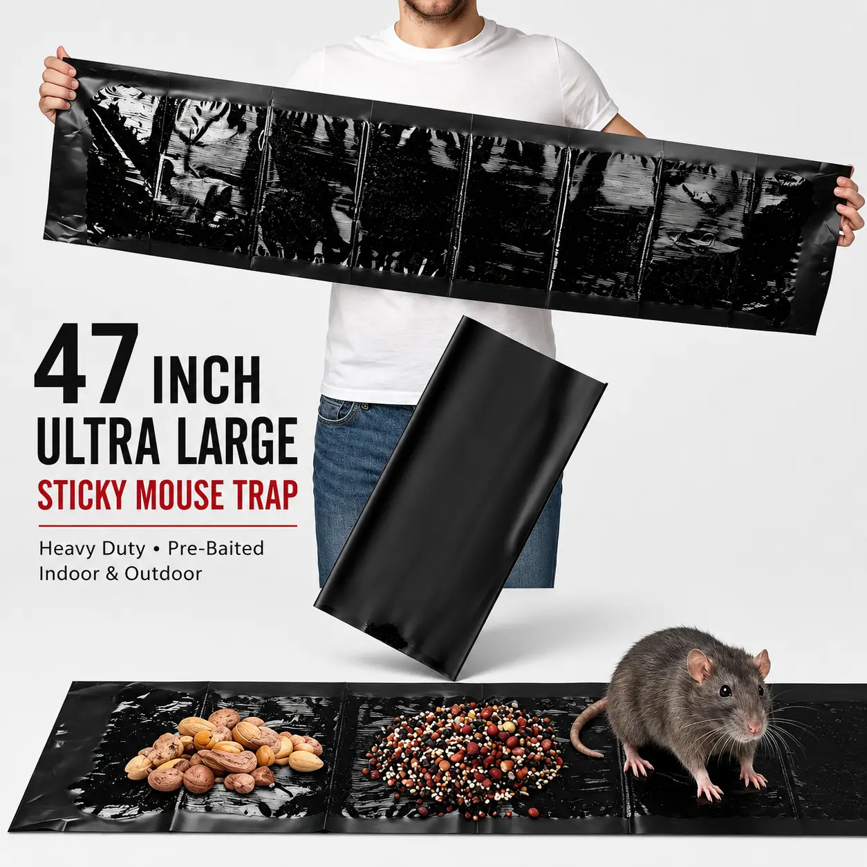 Oversized 47 Inch Heavy Duty Sticky Rodent Trap Mats in Black, Pre-Baited Strong Adhesive Pest Catchers, Multipurpose Glue Traps for Home, Garage, Warehouse and Outdoor Lawn Rodent Removal