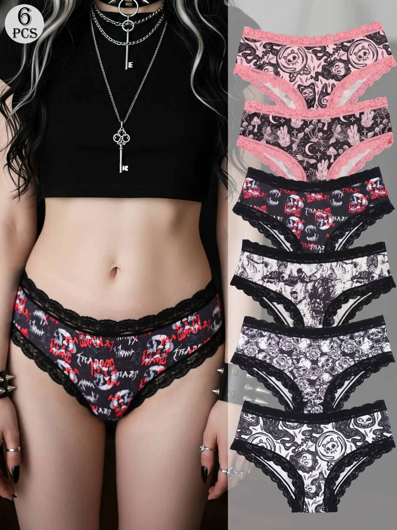 Morvia 6pcs Gothic Alt Girl Panties Set, Y2K Grunge Skull & Spooky Prints, Dark Sweet Spicy Aesthetic, Fitted Lace Underwear, Emo Punk Lingerie for Women, All Season Daily Wear, Fitted Panty