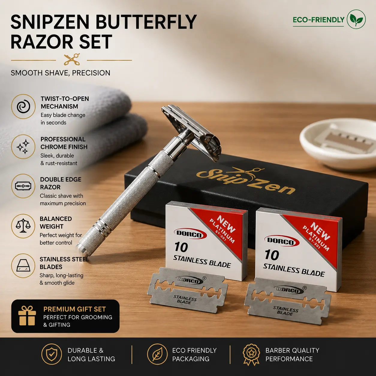 SNIPZEN Butterfly Safety Razor for Men – Double Edge 20 Blades, Twist-to-Open Shaving Kit, Reusable Wet Shaver & Gift Set Traditional Durable