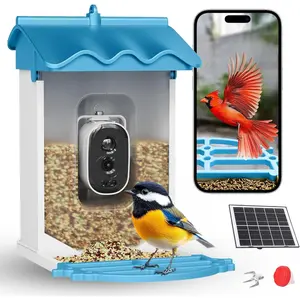 Smart Bird Feeder with 4K Camera, Solar Powered & AI Recognition, Auto Capture Bird Videos with App Alerts, Night Vision, Squirrel Deterrent, 2L Large Capacity(Light Blue) cage seed catcher
