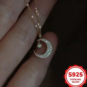 925 sterling silver necklace with fashionable moon and star design, set with sparkling zircon to match daily clothing, party accessories, high-quality jewelry