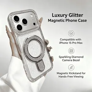 Bling Glitter Magnetic Phone Case, Clear Protective Cover with Rhinestone Camera Guard & Kickstand, Aesthetic Case for iPhone 17/16/15/14/13/12/11/ProMax/Air/Plus