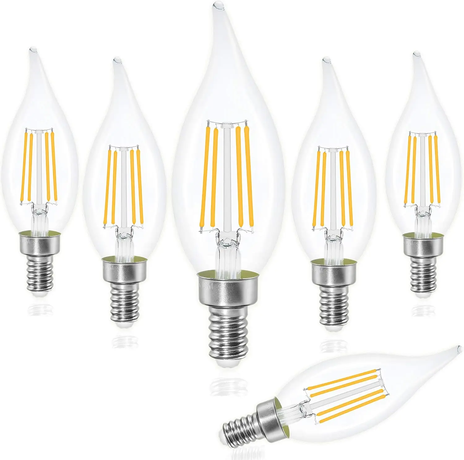 Dimmable E12 Base LED Candelabra Bulbs, 6-Pack, 4W (60W Equivalent), 4000K Daylight White, 500 Lumen, Filament Flame Tip Chandelier Bulbs