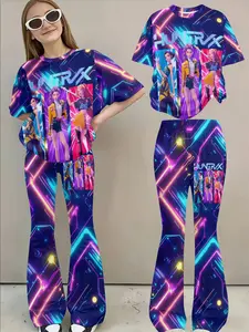 New Kids Neon Anime Full Print Set, Short Sleeve Loose Top + Unique Bell Bottoms, Casual Spring Summer Clothing