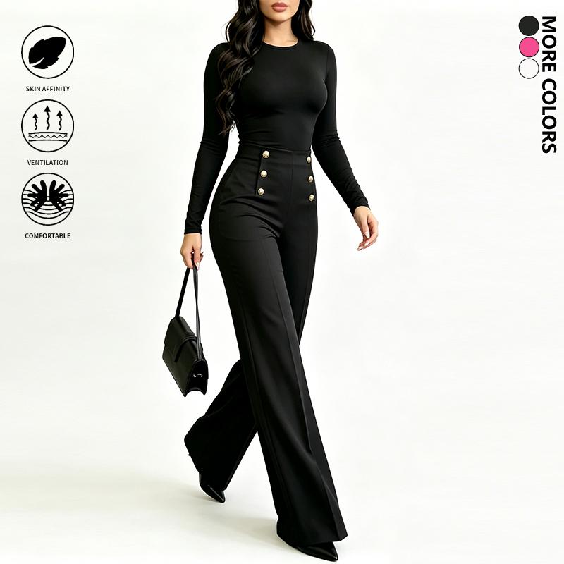 Women’s fashion casual comfortable breathable high-waisted loose wide-leg pants, 1-piece set; solid color elegant straight floor-length pants that flatter the figure, versatile for all seasons; trendy bottoms